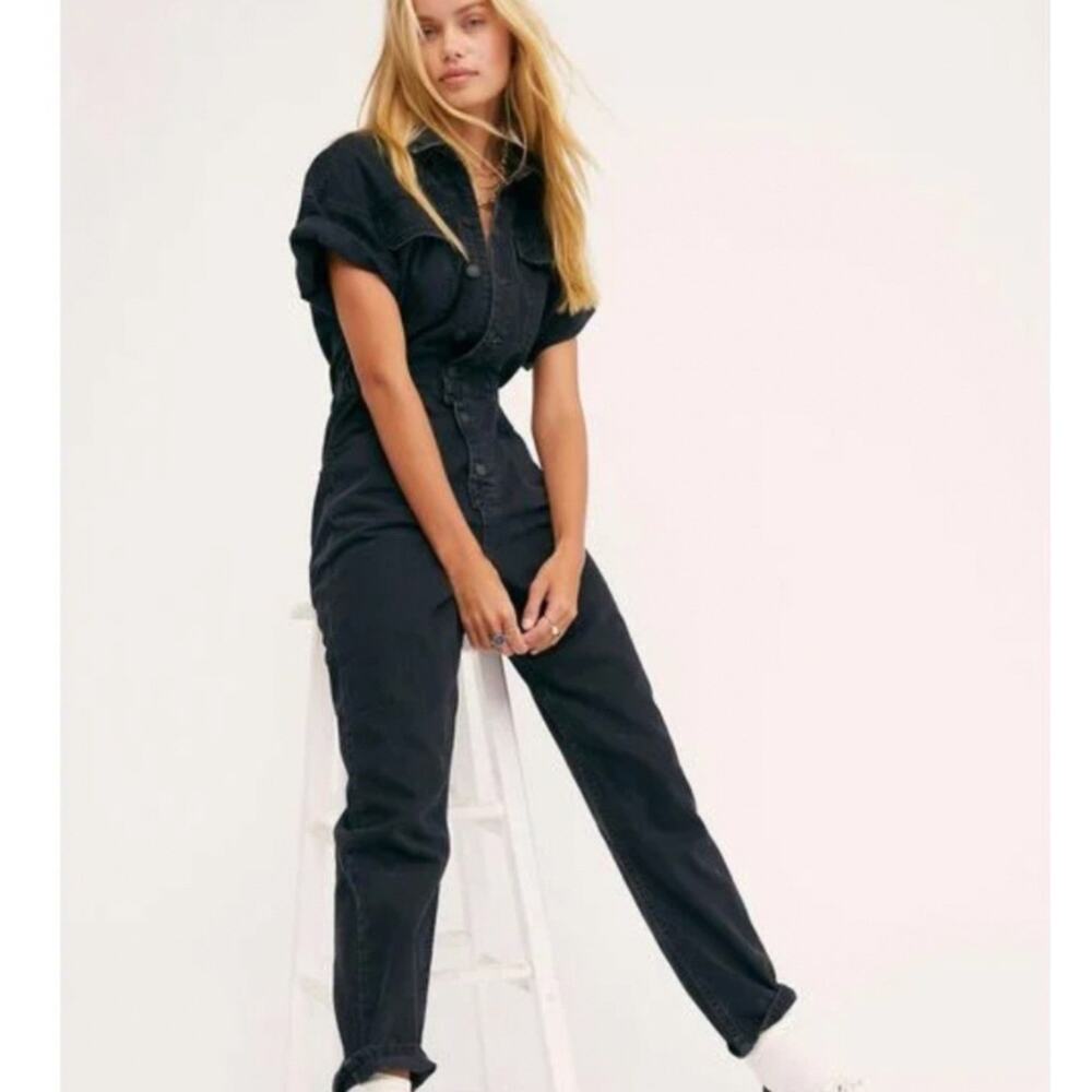 Free People We The Free Marci Black Denim Jumpsuit, Size M